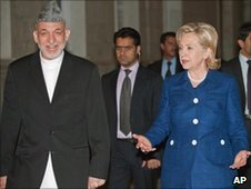 Hamid Karzai and Hilary Clinton
