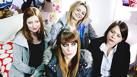 Home Time: (middle) Emma Fryer as Gaynor; (right) Kerry Godliman as Becky; (back) Rebekah Staton as Kelly and (left) Hayley Jayne Standing as Mel (image: Baby Cow)