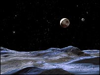 تصوير تخيلی از منظومه پلوتون، ناسا/موسسه علوم تلسکوپ فضايی