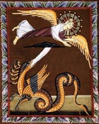 A dragon pursuing a woman, who is being carried to safety on eagles' wings. The dragon is spewing water from its mouth to catch her, but the earth has opened up and is draining the water away