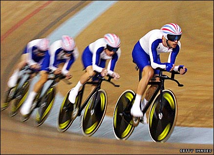 Britain's team pursuit quartet in training at the Laoshan Velodrome