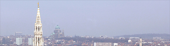 The skyline of central Brussels, Belgium, looking north-west across the city. The tower of the Hotel de Ville can be seen in the middle distance, and behind it on the horizon is the Basilica of the Sacred Heart (Koekelberg Basilica), the fifth largest church in the world. 23/04/2006