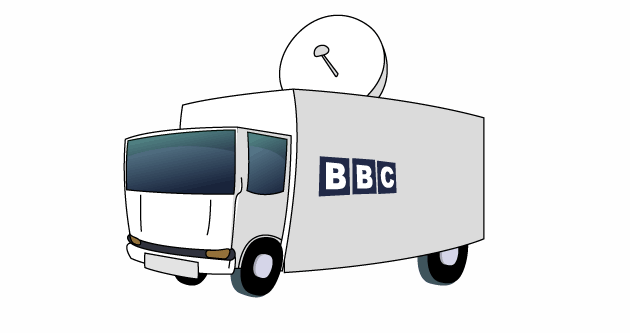 A BBC outside broadcast van with black lines crossing it out
