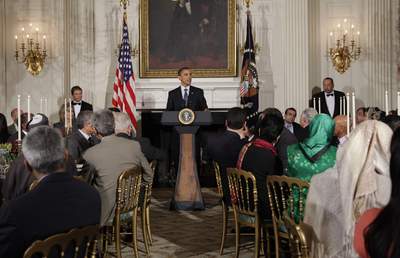 President Barack Obama hosts an iftar dinner, the meal that breaks the dawn-to-dusk fast for Muslims during the holy month of Ramadan, in the State Dining Room at the White House in Washington, Friday, Aug. 13, 2010. (AP Photo/J. Scott Applewhite)