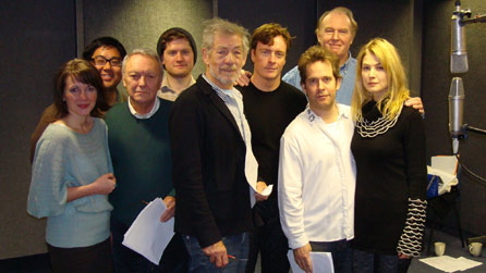 From left to right Lisa Dillon, Jon David Yu, Nigel Anthony, Kyle Soller, Ian McKellen, Toby Stephens, Tom Hollander, Tim Pigott-Smith and Rosamund Pike recording Goldfinger 