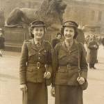 Sheila Fenn (right) with friend Gillian Sweeting (left) in Trafalgar Square in 1945 whilst stationed as drivers in Chelsea with the A.T.S.