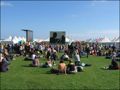 Friends and family watch the big screen
