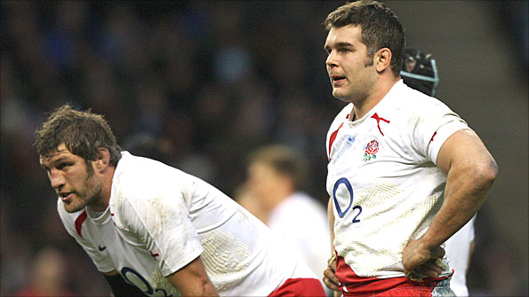 Simon Shaw (left) and Nick Easter look disconsolate as they reflect on the 42-6 hammering by South Africa two years ago 