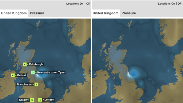 Screenshots of two weather maps, with and without major cities labelled.