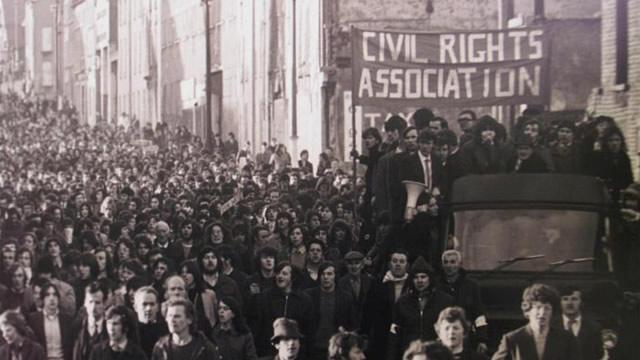 Demonstrators on a civil rights march through the streets of Londonderry before the shootings on Bloody Sunday