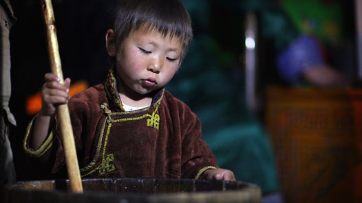 Shoree ym Mongolia yn helpu ei mam gyda choginio © Timothy Allen