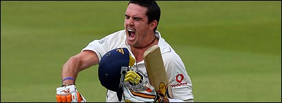 Pietersen shows his delight after reaching his century