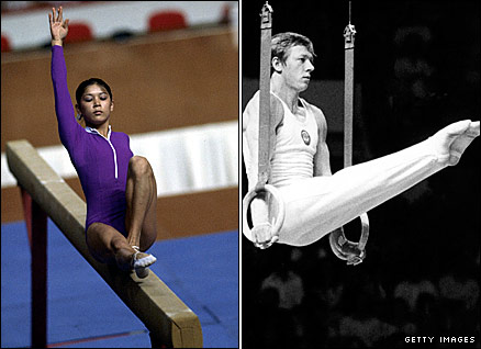 Nellie Kim (left) and Nikolai Andrianov won seven gymnastic gold medals between them at the 1976 Olympics in Montreal