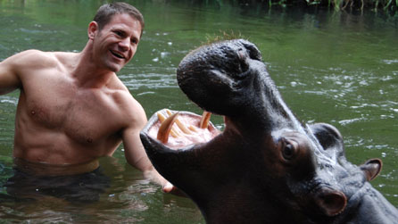 Steve Backshall with a hippo