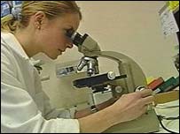 正在使用显微镜的研究人员