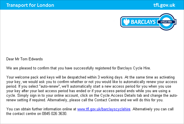 Bike hire email confirmation