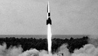 An A-4 rocket rises from the launching pad at Peenemünde
