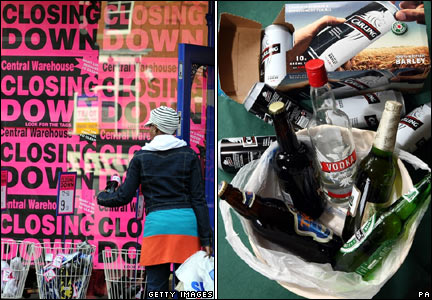Closing down sale and empty alcohol bottles