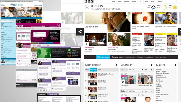Screengrabs of old and new BBC homepage.