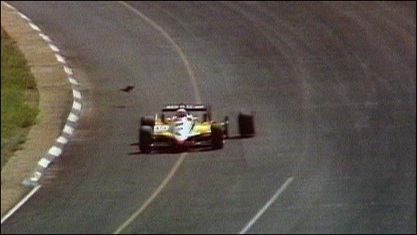 The wheel comes off Alain Prost's Renault in the 1982 South African Grand Prix
