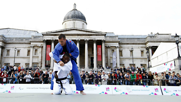 Darren Harris from Wolverhampton, who is blind, fights Julian Davis (rear) during International Paralympic Day in Trafalgar Square earlier in September. Photo: PA