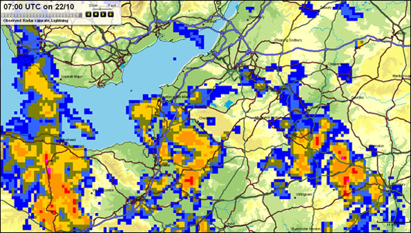 Rainfall radar across the West Country, 22 Oct. 2009, 0800hrs (Picture: via Met Office MBS System)