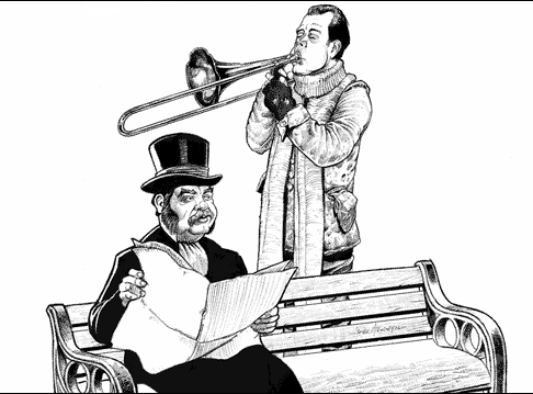Holmes blows a trombone at Watson.
