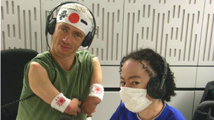 Mat is obviously enjoying the present that Liz brought him back from her travels in Japan. Liz, however, is obviously wary of Swine Flu (view the full-size image on Flickr)