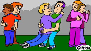 Crippen cartoon, showing two men dancing, with the disabled man's legs giving way underneath him