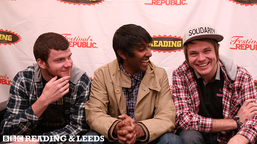 Nihal has a laugh with Enter Shikari before their Saturday performance.