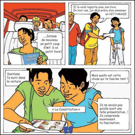 An illustration of the youngsters finding a copy of the cartoon constitution in their campervan