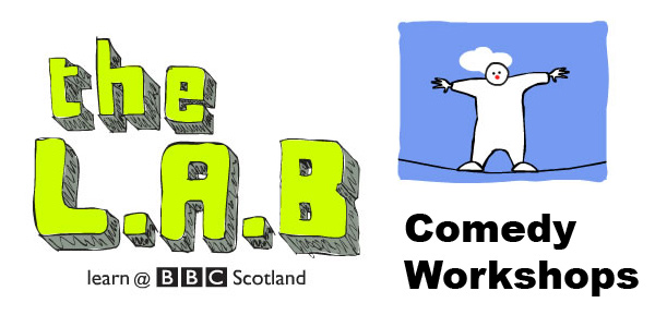 BBC Lab logo, and a cartoon of a man on a tightrope