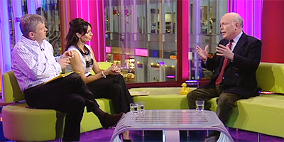 Adrian and Christine with guest, Julian Fellows