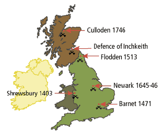 Map of British Isles showing sites of battlefields excavated