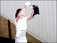 Claire runs in to Pride Park Stadium