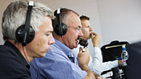 (L-R) Jonathan Edwards, Paul Dickenson and Steve Cram are in the Commonwealth Games commentary box