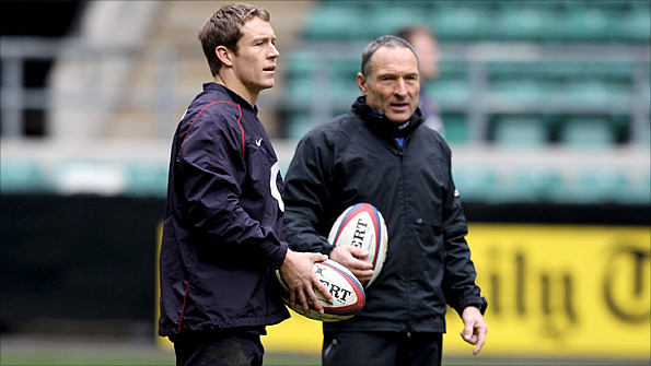 Jonny Wilkinson shares a joke with Dave Alred as he practises his kicking during England training during the 2010 Six Nations 