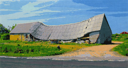 Thomas Wolsing, Collapsed House, cross-stitch textile