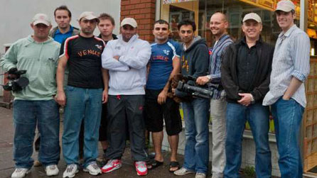 Pizzaman cast and crew outside Venus Kebab House in Cardiff's City Road, courtesy Alys Griffiths