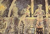 Drawing of men gathering around a fire in their billet and reading letters from home