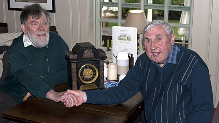 The grandson of Mr Gray (left) and Tom Morgan, chairman of Penrhyn Choir, and a member for over 60 years, pictured with the long-lost clock