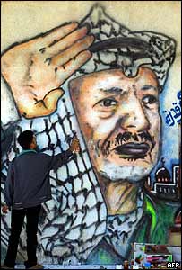 Gazze'de bir duvara Arafat'ın portresini çizen Filistinli sanatçı