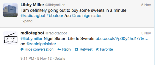 
Libby Miller ‏@libbymiller
Interview with Daniel Craig on #radio4 @radiotagbot radiotagbot @radiotagbot
@libbymiller The Film Programme https://bbc.co.uk/i/b01ngnwd/?t=593s