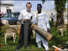 World Service Producer Leo Hornak with Ghanaian master drummer JB Koranteng Krentisl in Accra