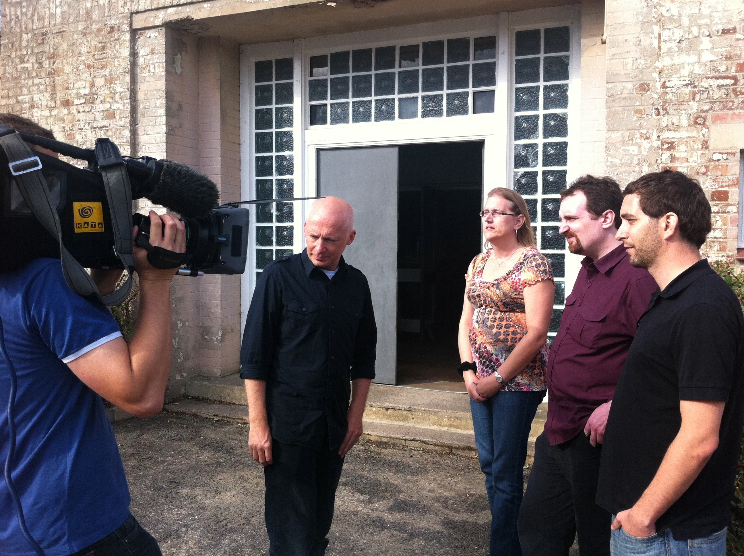 Marcus du Sautoy with the three finalists filming introductions