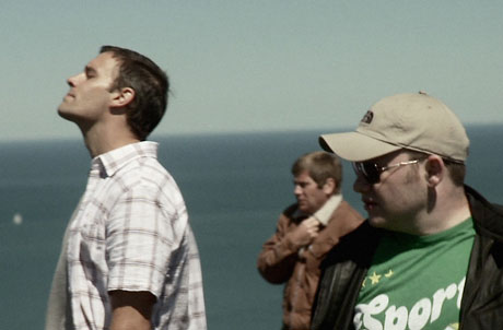 Sean (Joesph Millson), Danny (Gary Mavers) and Adam (Michael Jibson) take in the scenery at local landmark Devil's Bridge. Photo © Dogs Of Annwn Ltd.