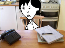 Alice studying in the kitchen