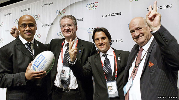 Rugby's bid team celebrate their success