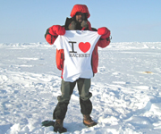 john holding i love hackney t shirt on artic ice