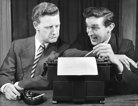 Terry Nation (right) and Dick Barry, with a script for All My Eye taken in May 1955